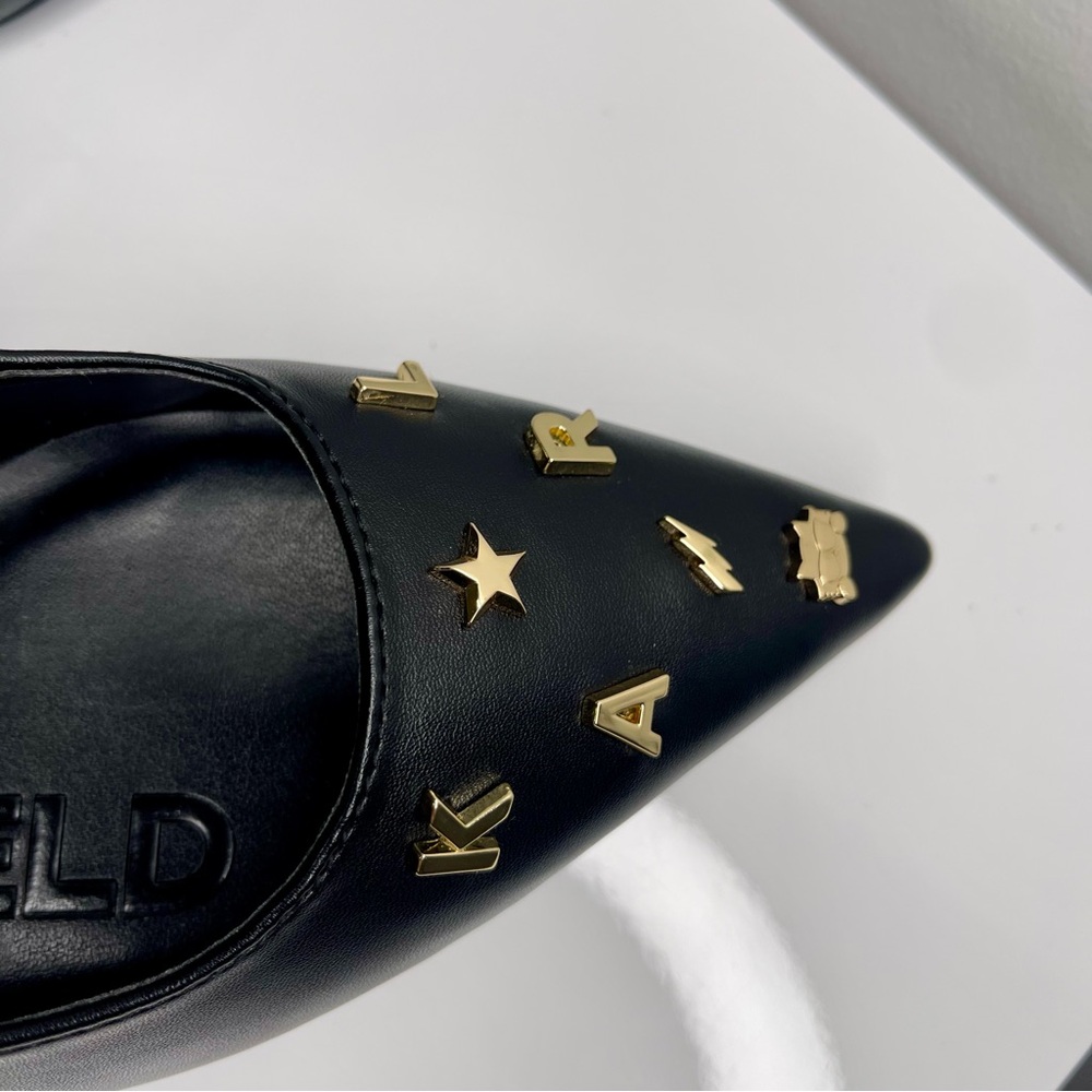 Karl Lagerfeld Paris Black Pointed Kitten Heels with Gold Accents Size 8M - Picture 10 of 11